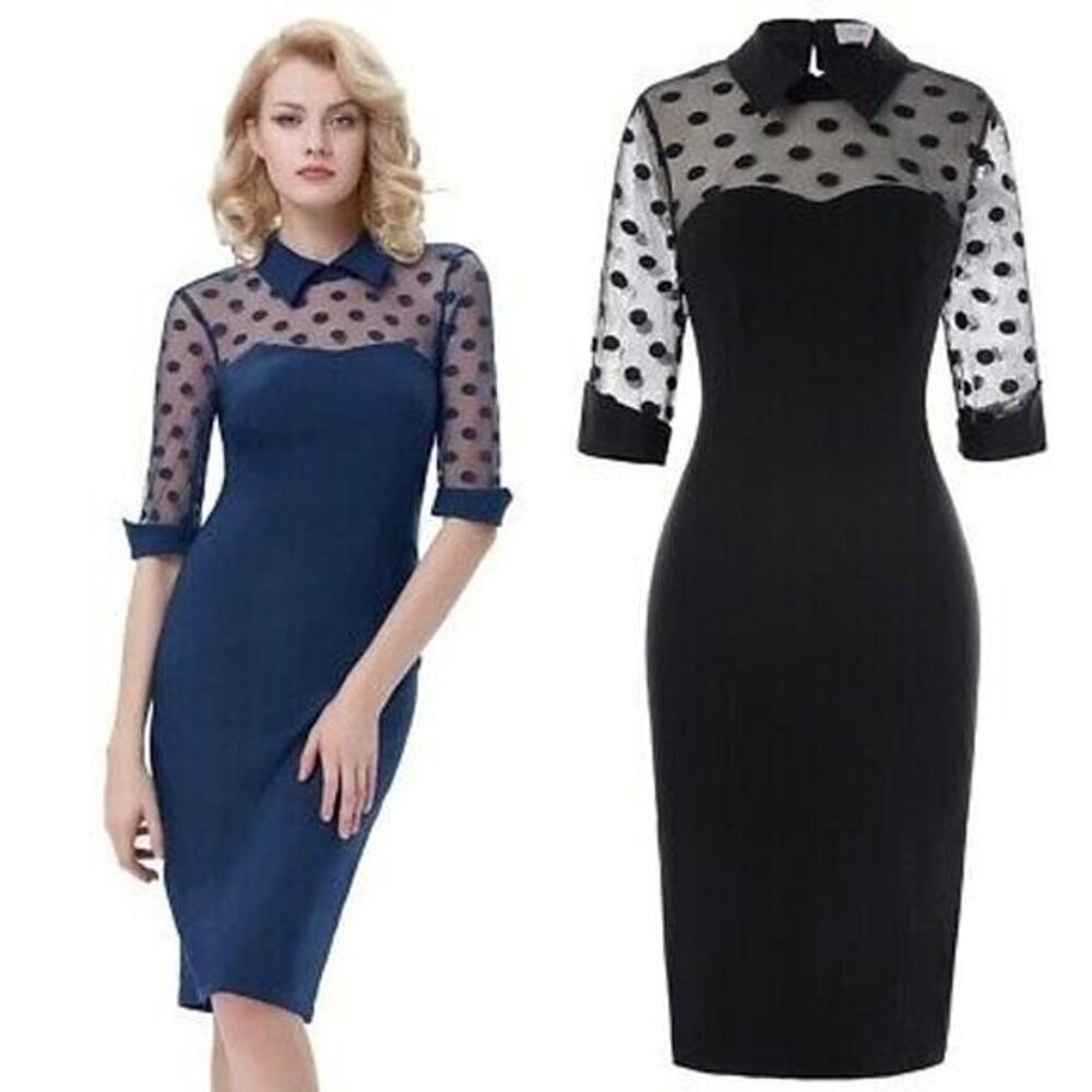 Belle Poque Navy Retro 1950s Pencil Dress Polka Dot Sheath Wiggle Sz S NWT